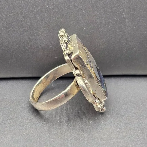 925 Sterling Silver Plt Abalone Shell Ring Size 8 Bezel Setting Statement - Picture 8 of 11